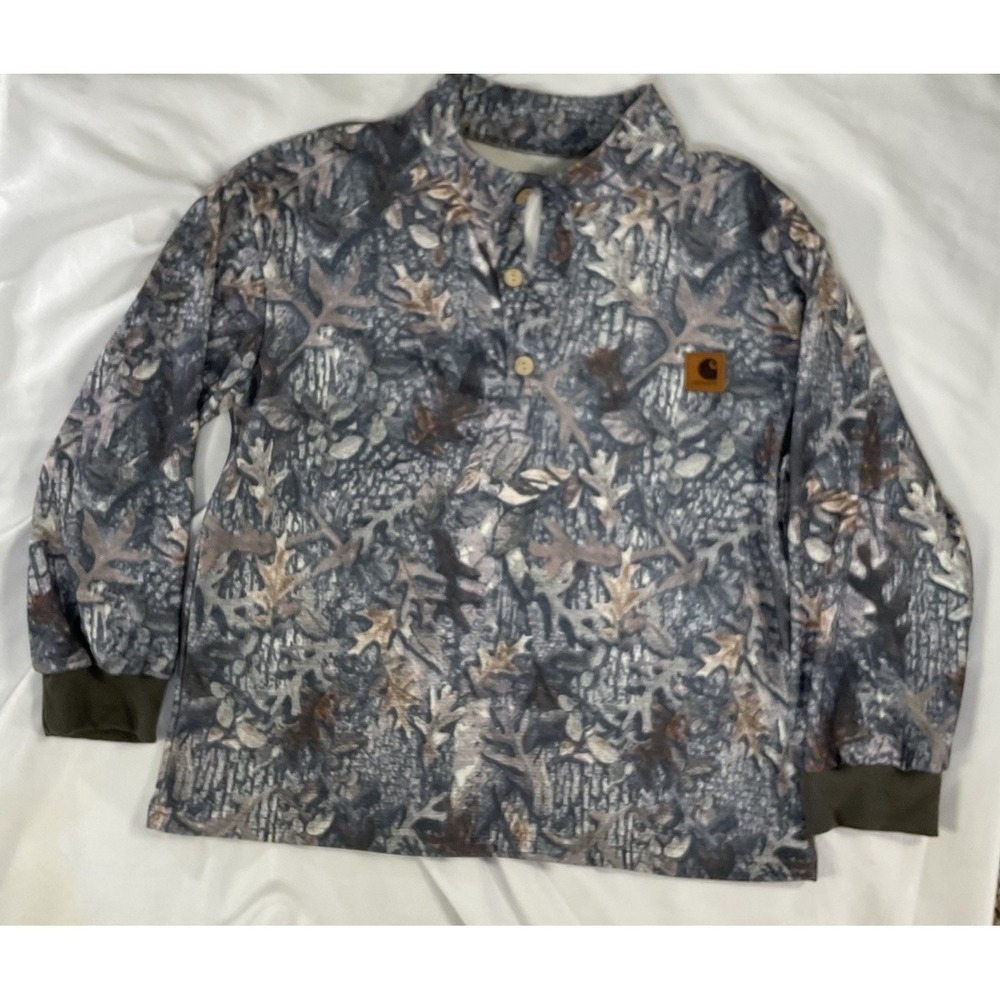 CARHARTT Women's S Long Sleeve Henley Sweatshirt Camo Gray Green Brown Cozy 391